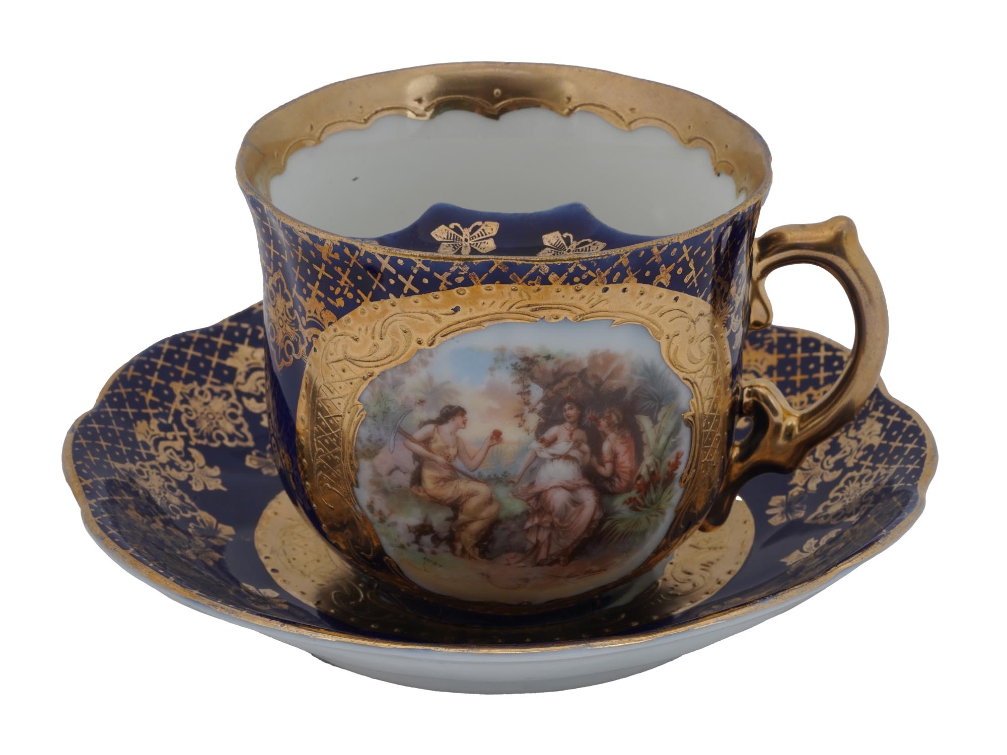 NEOCLASSICAL GILT PORCELAIN TEA MUSTACHE CUP WITH SAUCER PIC-0